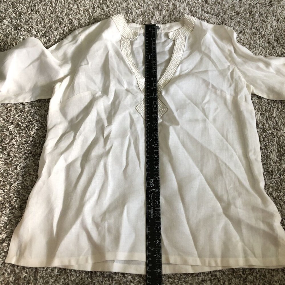 Ann Taylor Off White Beaded 100% Linen Long Sleeve V Neck Popover Tunic Top SZ 4 - Picture 6 of 8